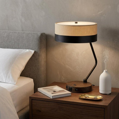 20" Black And Brown Wood And Metal Two Light USB Table Lamp With Beige And Black Shade