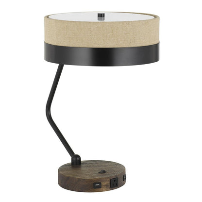 20" Black And Brown Wood And Metal Two Light USB Table Lamp With Beige And Black Shade