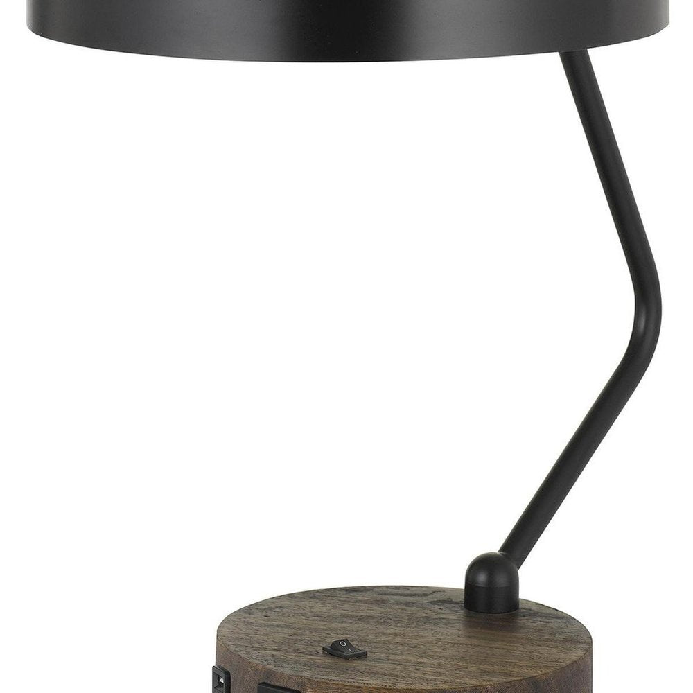 20" Black And Brown Wood And Metal Two Light USB Table Lamp With Beige And Black Shade