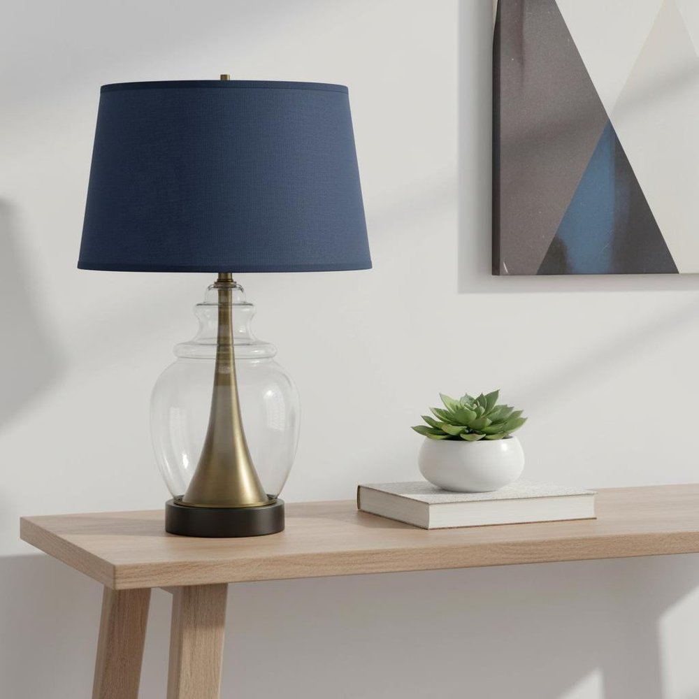 30" Black Metal Urn Table Lamp With Navy Blue Empire Shade