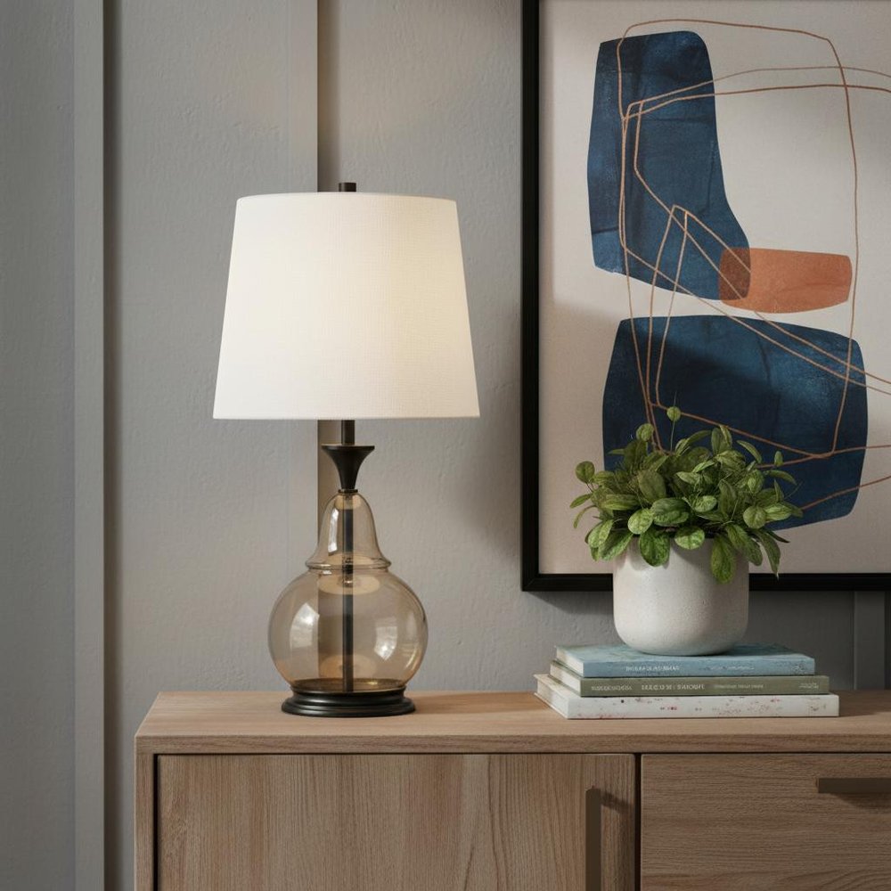 28" Clear Metal Table Lamp With White Empire Shade