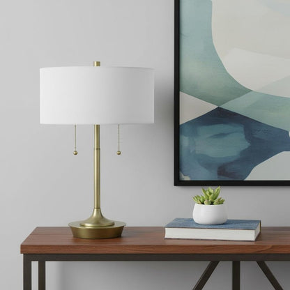 20" Antiqued Brass Metal Two Light Table Lamp With White Drum Shade