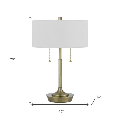 20" Antiqued Brass Metal Two Light Table Lamp With White Drum Shade