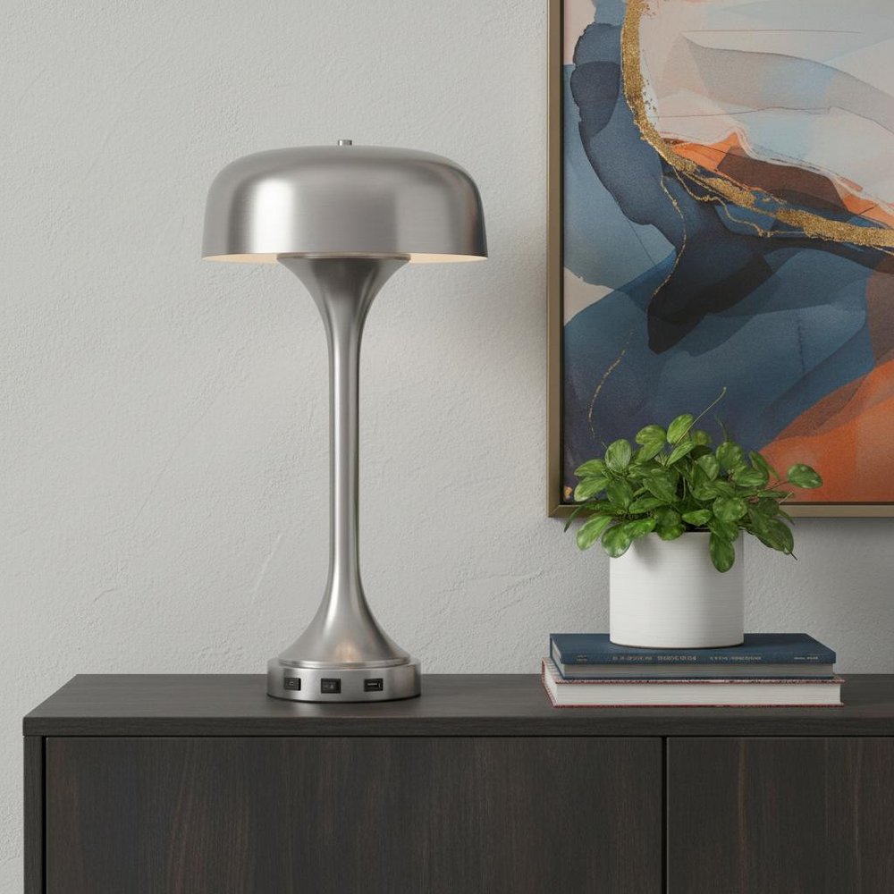 22" Nickel Metal Two Light Usb Table Lamp With Nickel Dome Shade