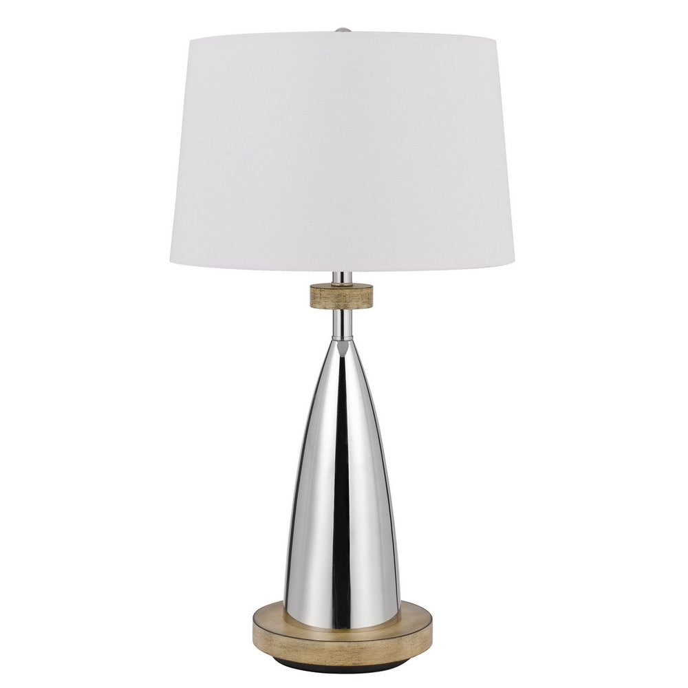 Brown metal geometric USB table lamp with white empire shade.
