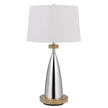 Brown metal geometric USB table lamp with white empire shade.