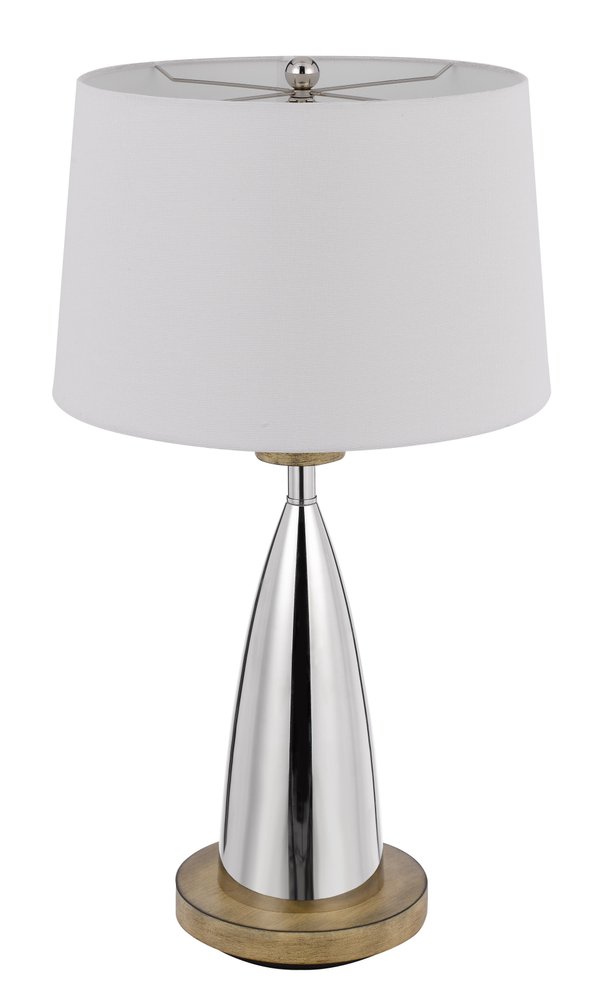 Brown metal geometric USB table lamp with white empire shade.