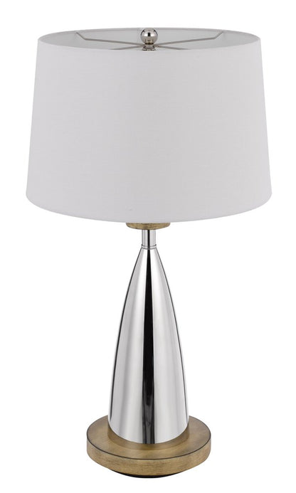 Brown metal geometric USB table lamp with white empire shade.