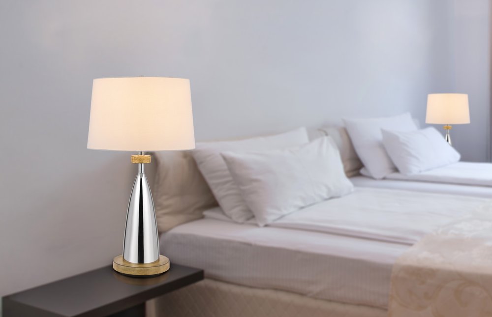 31-inch brown metal geometric USB table lamp with a white empire shade.