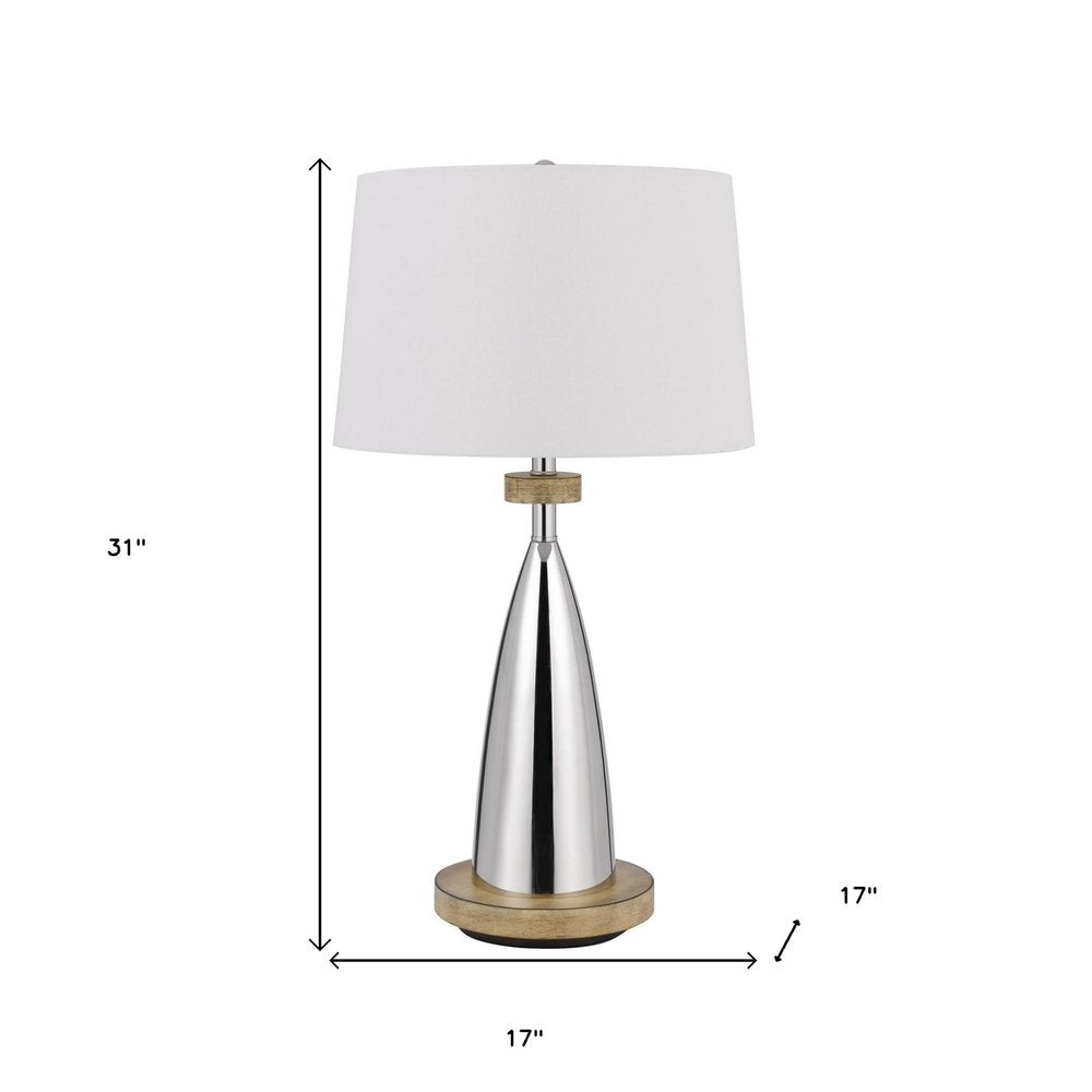 Tall 31-in brown metal geometric USB table lamp with white empire shade.
