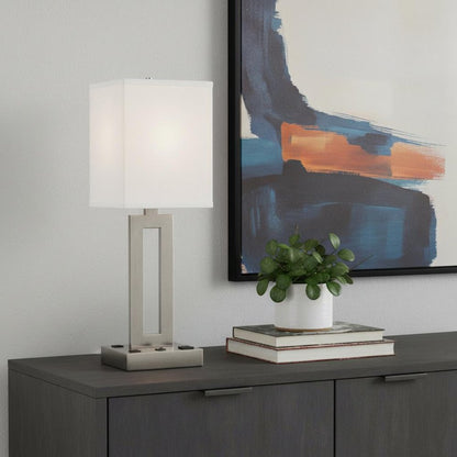 24" Nickel Metal Desk Usb Table Lamp With White Drum Shade