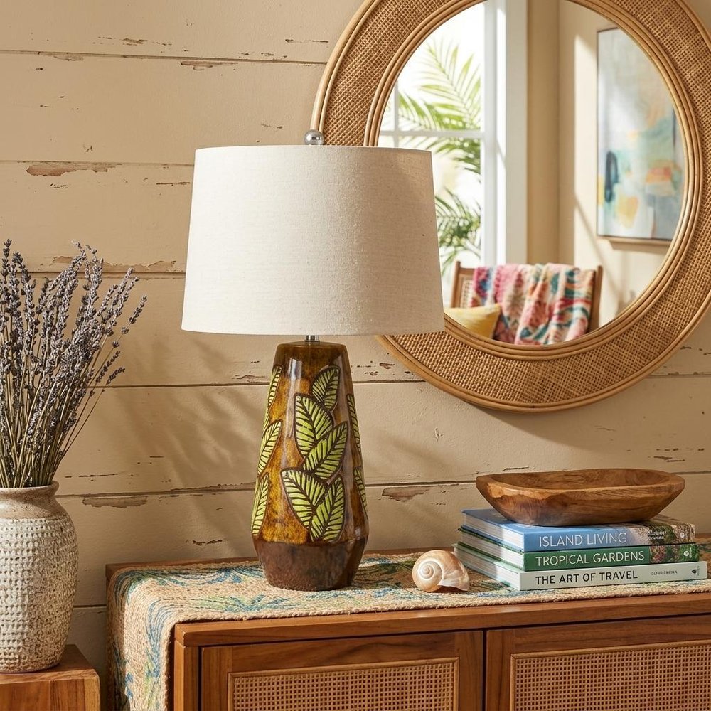 29" Brown Ceramic Cylinder Table Lamp With Tan Empire Shade
