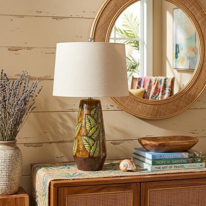 29" Brown Ceramic Cylinder Table Lamp With Tan Empire Shade