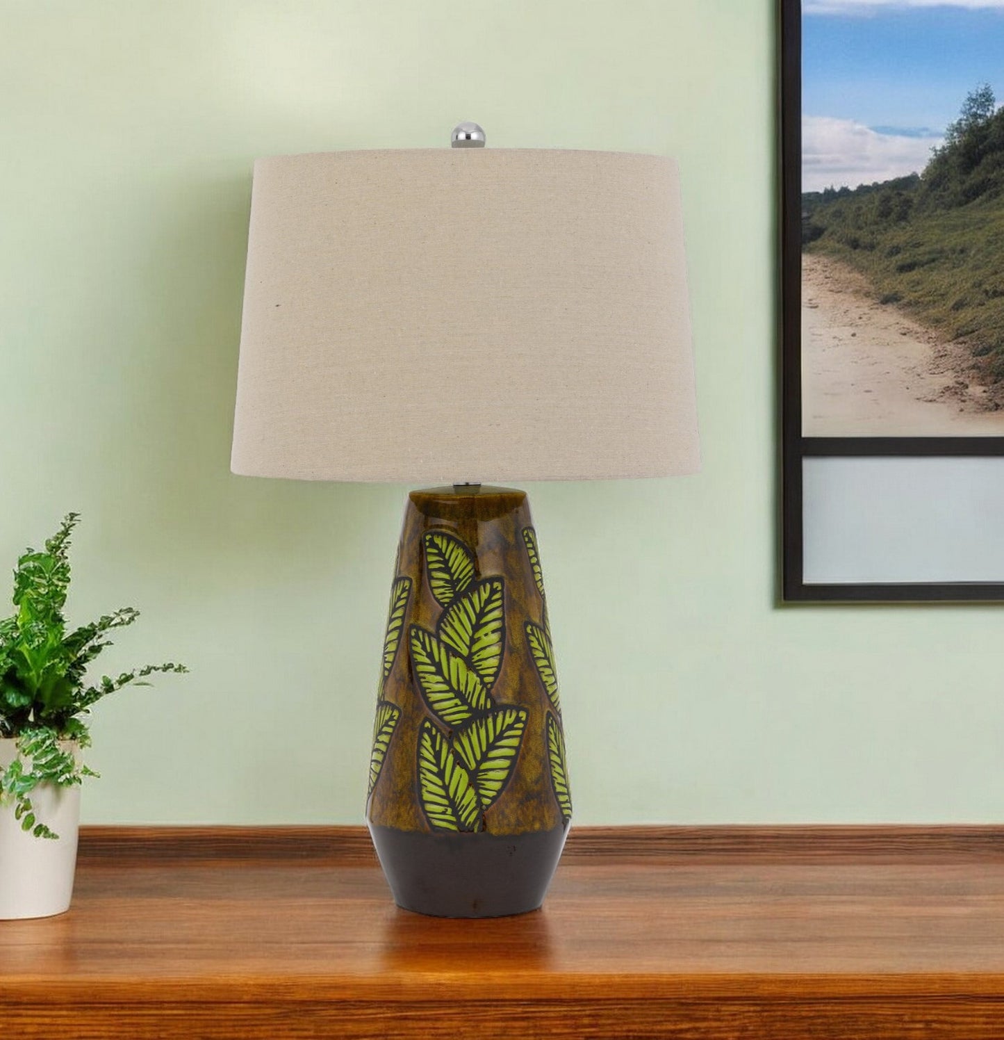 29" Brown Ceramic Cylinder Table Lamp With Tan Empire Shade