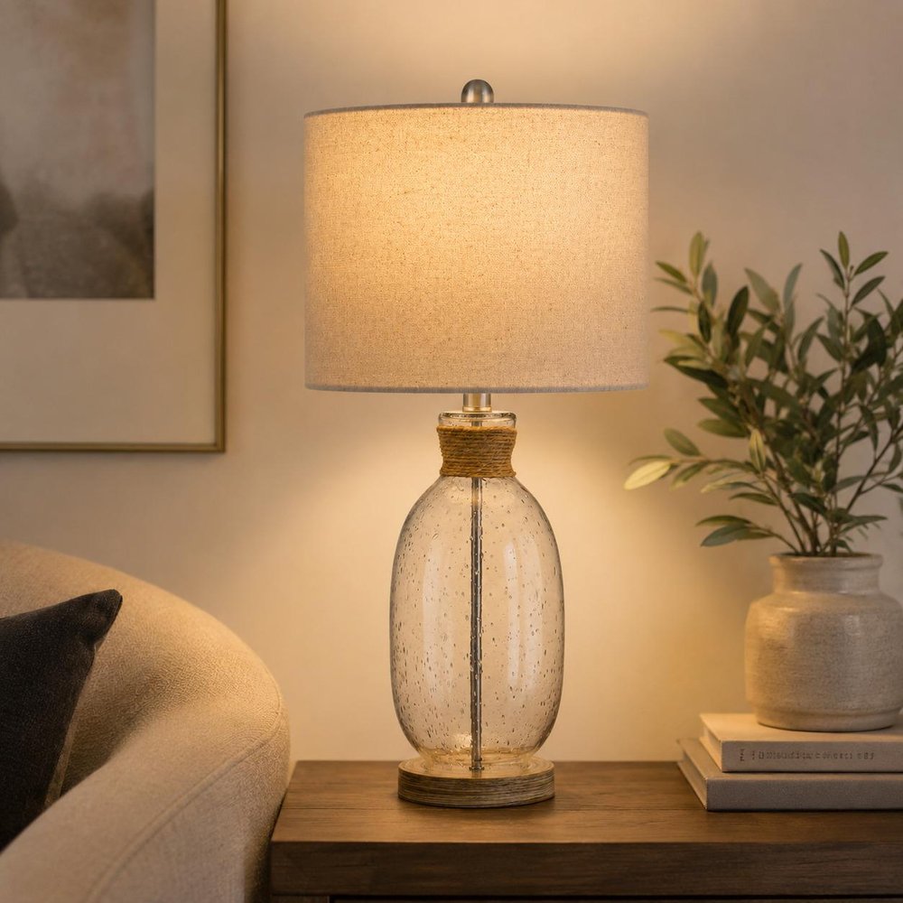 26" Brown Seeded Glass Table Lamp With Drum Shade