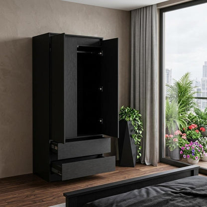 71" Black Wood Two Drawer Combo Dresser