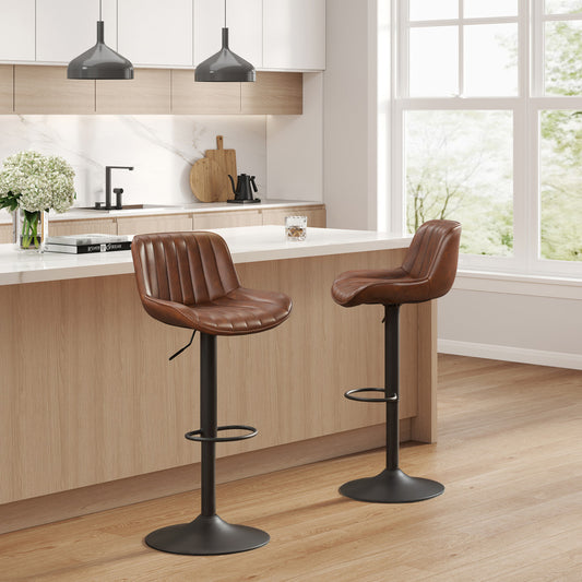 Set of Two Brown And Black Faux Leather And Steel Low Back Adjustable Height Swivel Bar Chairs