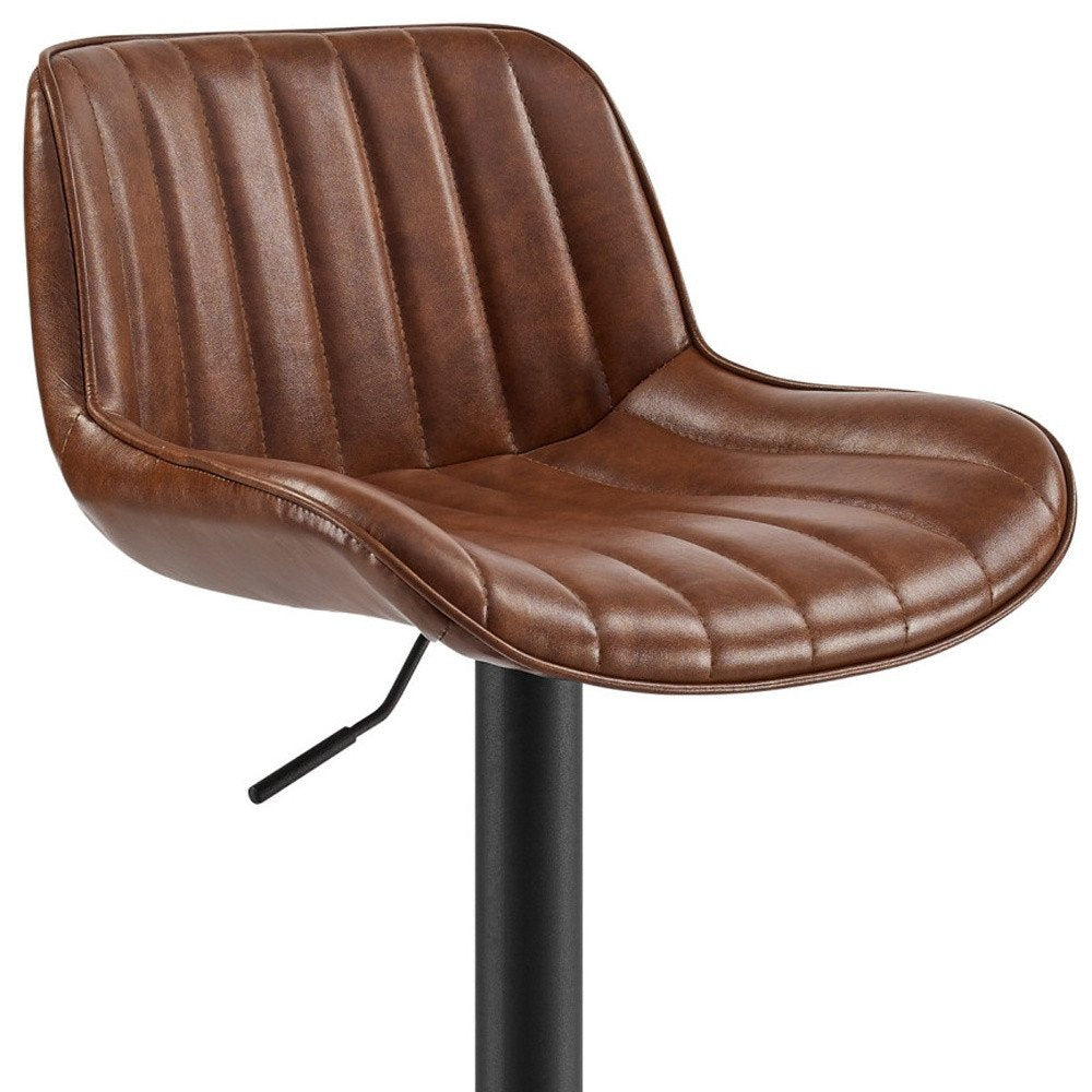 Set of Two Brown and Black Upholstered Faux Leather and Steel Low Back Adjustable Height Swivel Bar Chairs