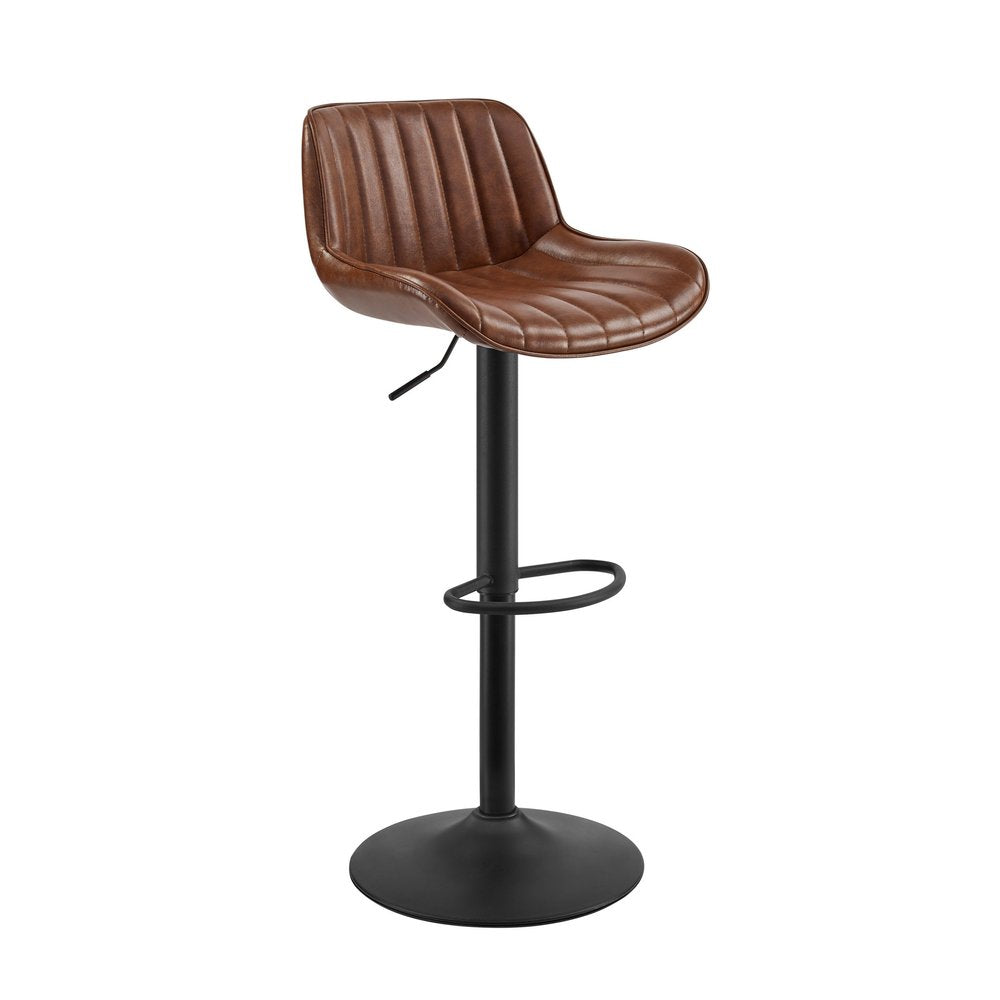 Set of Two Brown and Black Upholstered Faux Leather and Steel Low Back Adjustable Height Swivel Bar Chairs
