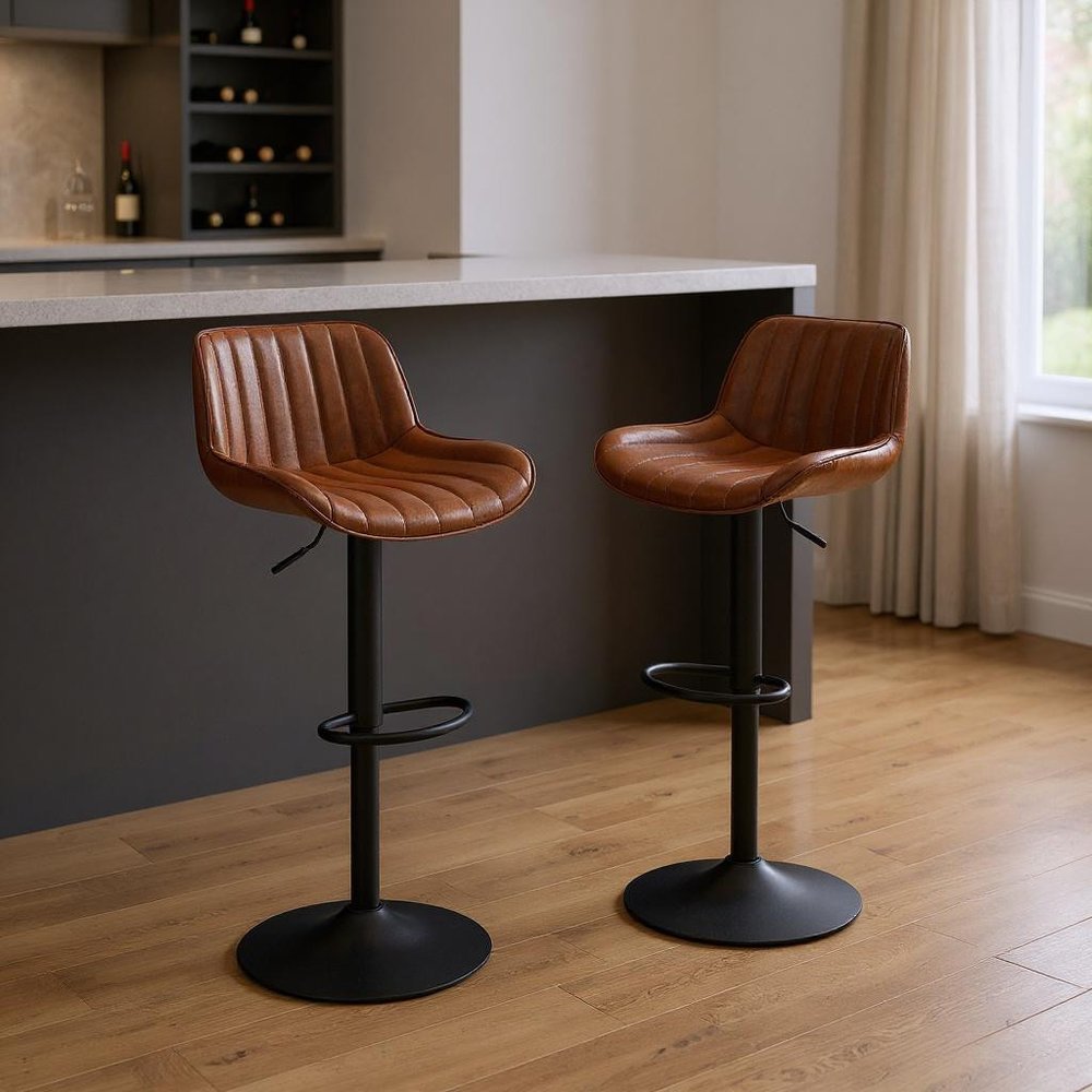 Set of Two Brown and Black Upholstered Faux Leather and Steel Low Back Adjustable Height Swivel Bar Chairs