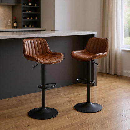 Set of Two Brown and Black Upholstered Faux Leather and Steel Low Back Adjustable Height Swivel Bar Chairs