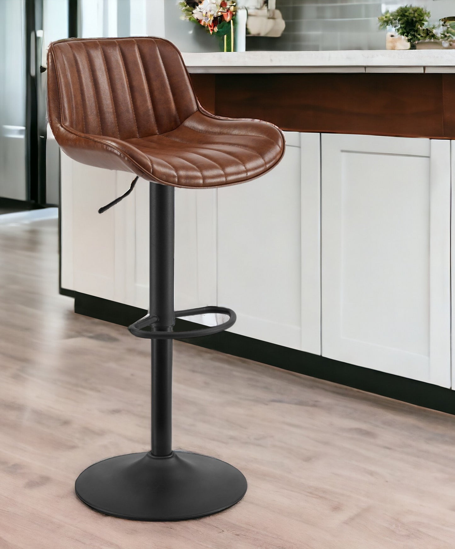 Set of Two Brown And Black Faux Leather And Steel Low Back Adjustable Height Swivel Bar Chairs