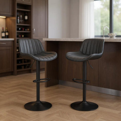 Set of Two 31" Black Faux Leather And Steel Swivel Low Back Adjustable Height Bar Chairs