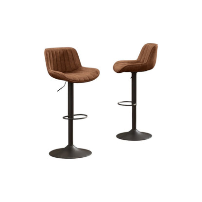 Set of Two 31" Brown And Black Faux Leather And Steel Swivel Low Back Adjustable Height Bar Chairs