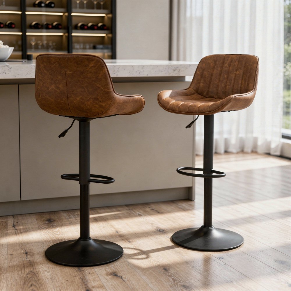 Set of Two 31" Brown And Black Faux Leather And Steel Swivel Low Back Adjustable Height Bar Chairs