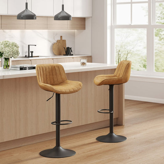 Set of Two Yellow And Black Faux Leather And Steel Low Back Adjustable Height Swivel Bar Chairs