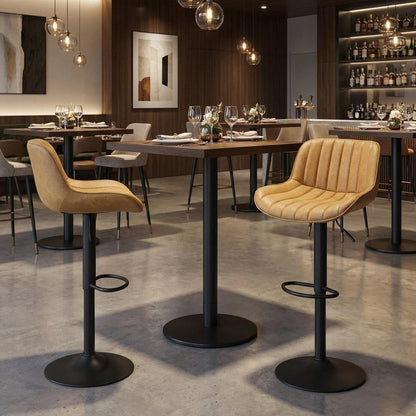 Set of Two Yellow And Black Faux Leather And Steel Low Back Adjustable Height Swivel Bar Chairs