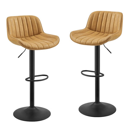 Set of Two Yellow And Black Faux Leather And Steel Low Back Adjustable Height Swivel Bar Chairs