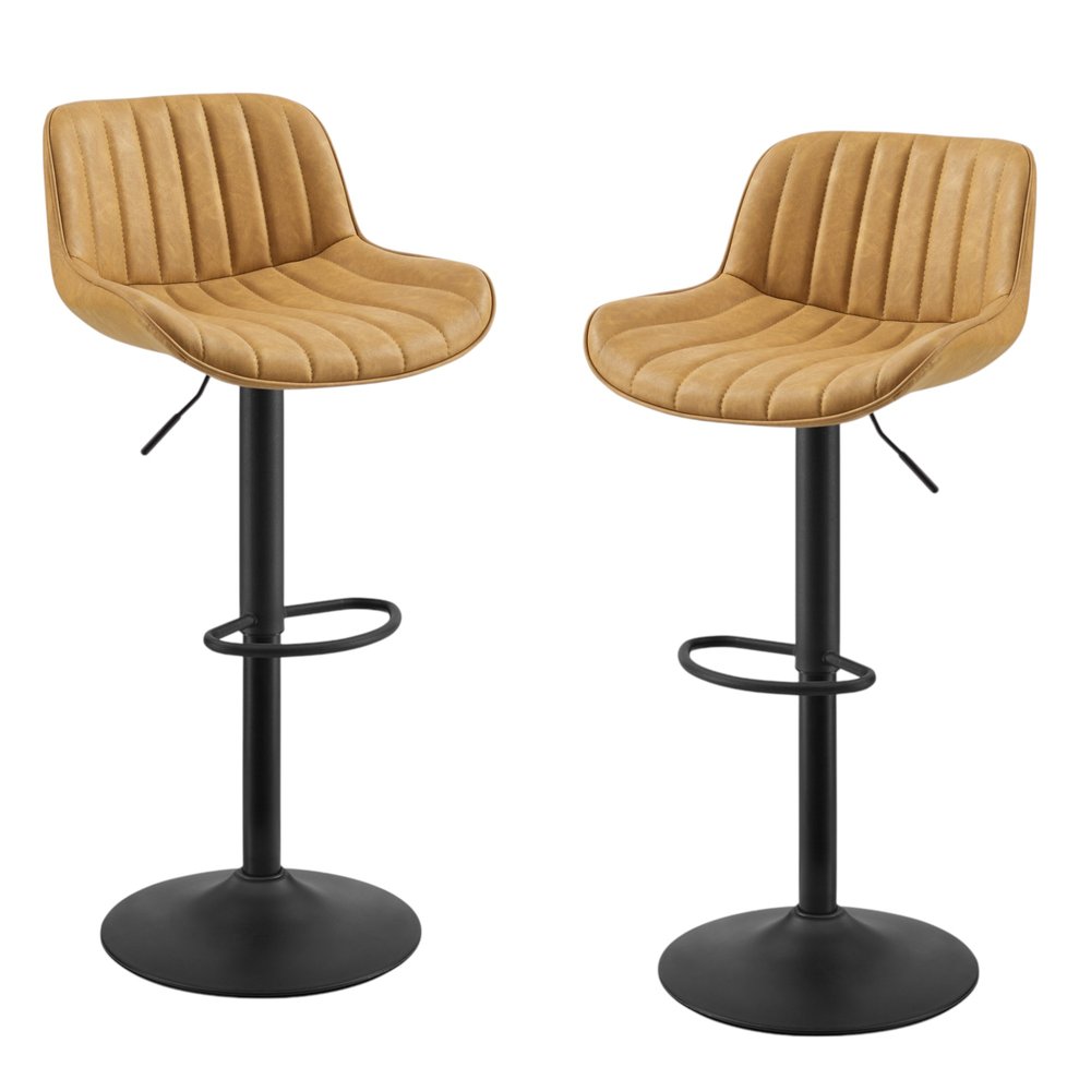 Set of Two Yellow And Black Faux Leather And Steel Low Back Adjustable Height Swivel Bar Chairs