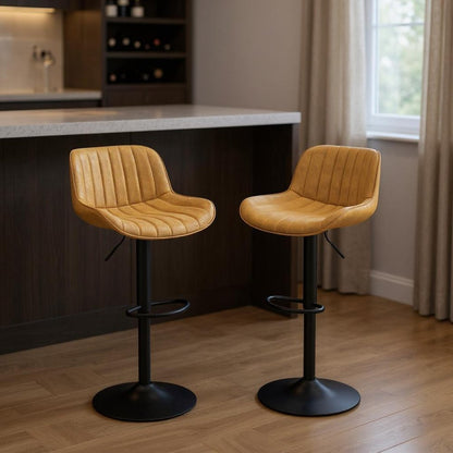 Set of Two 31" Yellow And Black Faux Leather And Steel Swivel Low Back Adjustable Height Bar Chairs