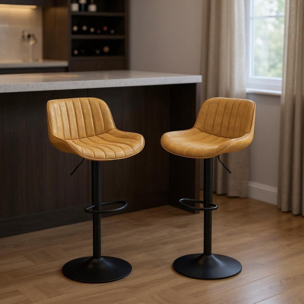 Set of Two Yellow And Black Faux Leather And Steel Low Back Adjustable Height Swivel Bar Chairs