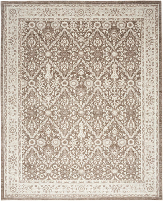 Beige and brown oriental area rug with intricate floral lattice pattern and decorative border.