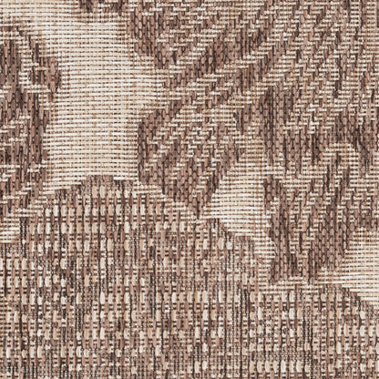 Brown and beige damask textile with leafy botanical motif; woven upholstery fabric.