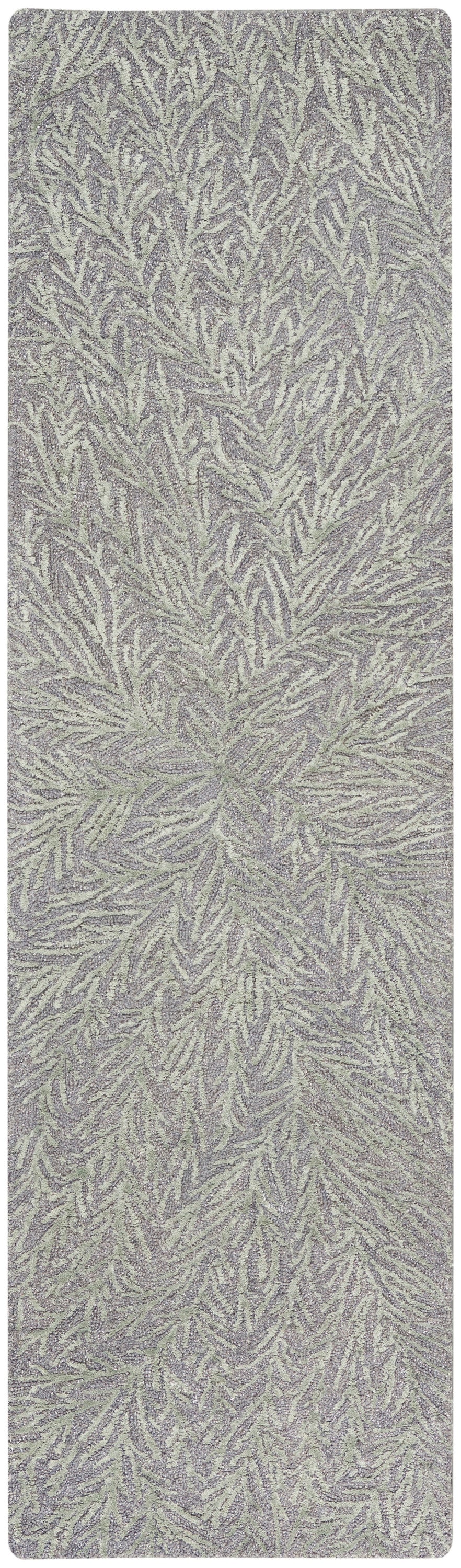 Long rectangular shag rug runner in lavender-gray with cream leaf-like pattern; soft textured, ideal for hallways.