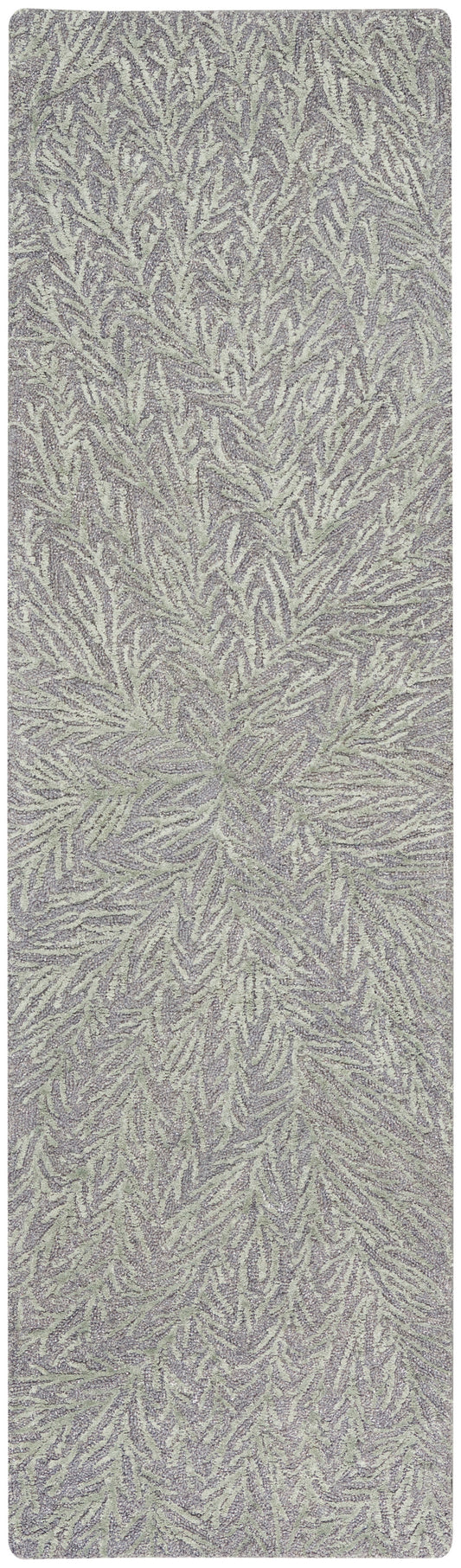 Long rectangular shag rug runner in lavender-gray with cream leaf-like pattern; soft textured, ideal for hallways.