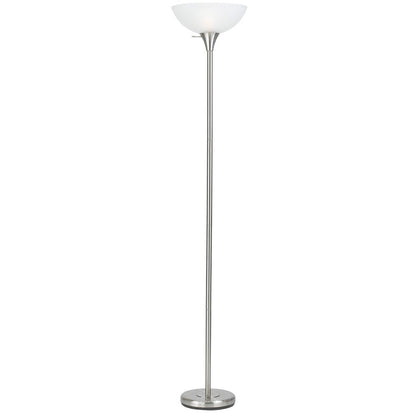 70" Nickel Metal Torchiere Floor Lamp With White Glass Dome Shade