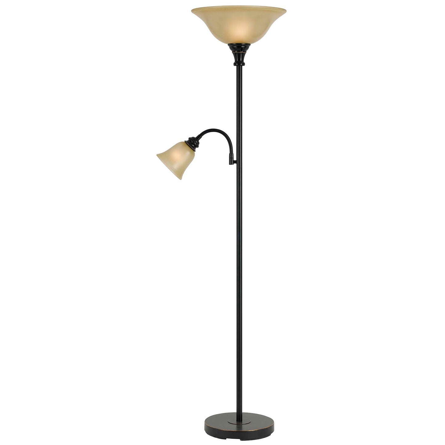 71" Bronze Two Light Torchiere Floor Lamp With Brown Frosted Glass Dome Shade