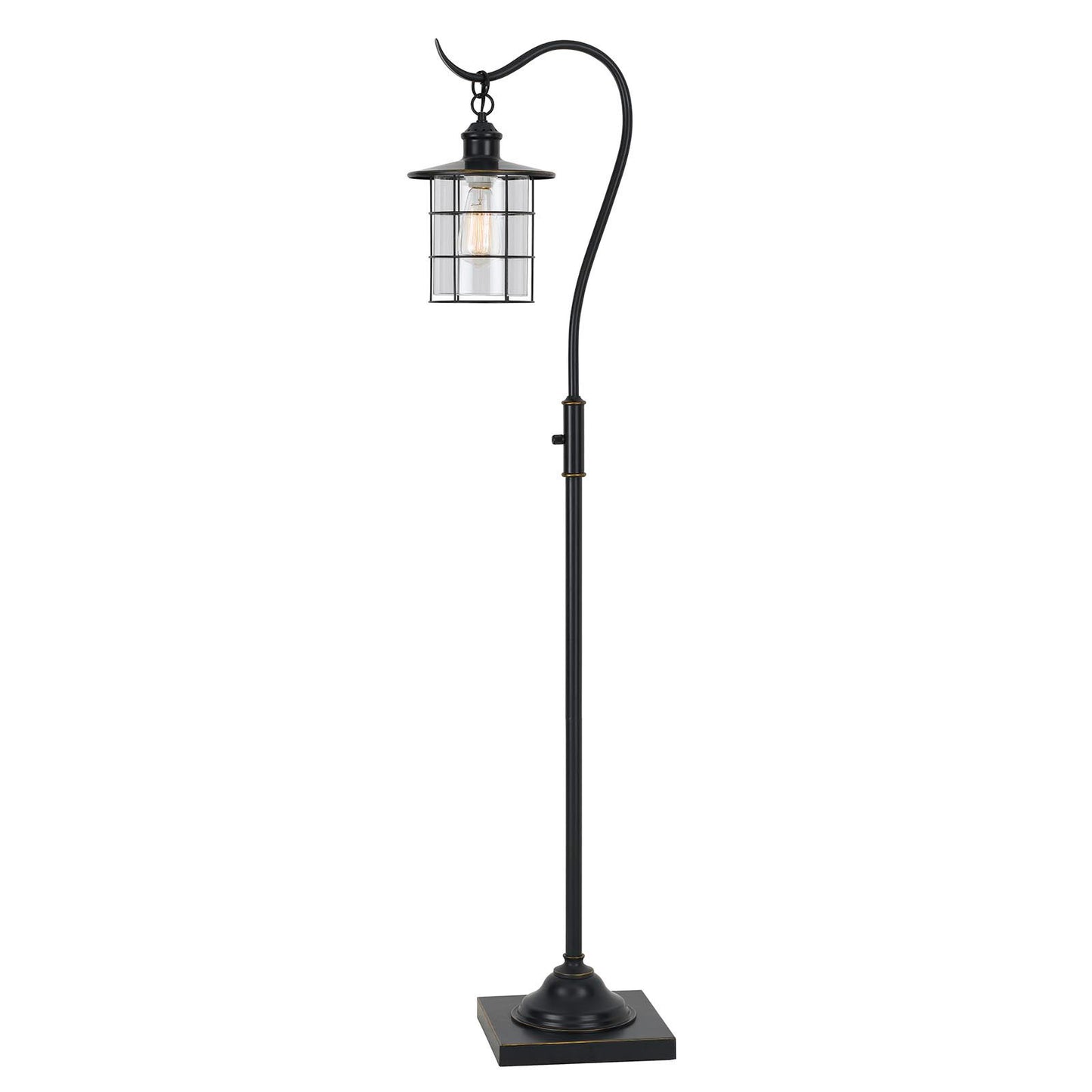 60" Antiqued Bronze Lantern Style Floor Lamp With Glass and Metal Shade