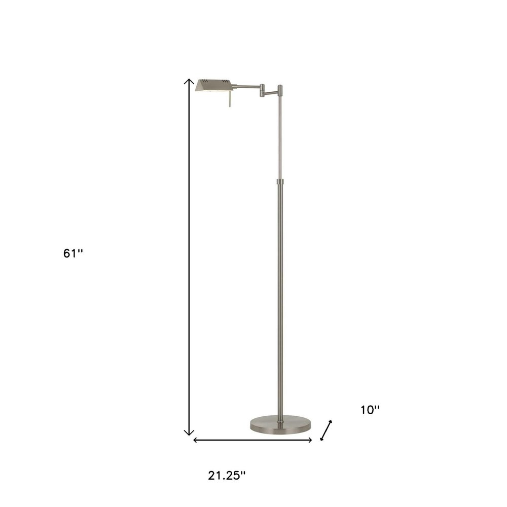 61" Nickel Metal Adjustable Swing Arm Floor Lamp With Gray Shade