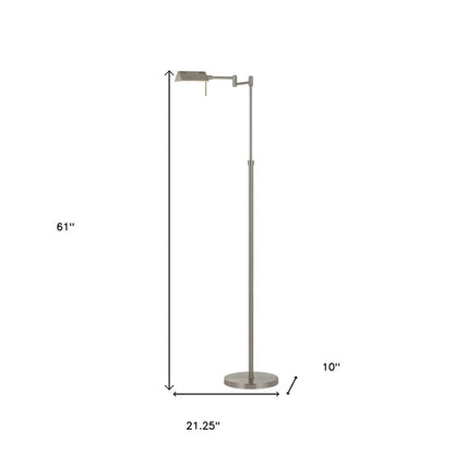 61" Nickel Metal Adjustable Swing Arm Floor Lamp With Gray Shade