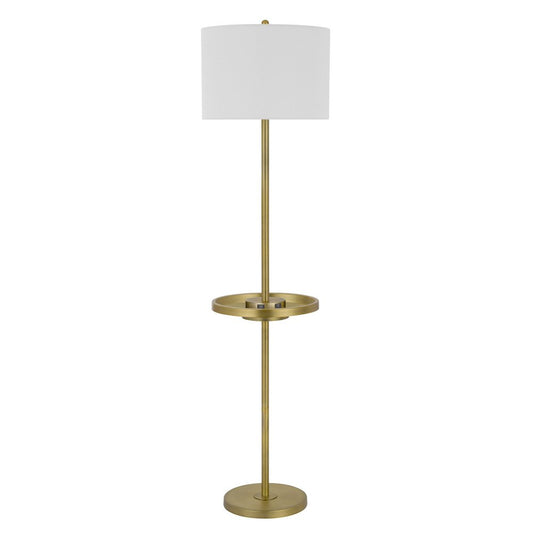 62" tall nickel tray-table floor lamp with a white drum shade.
