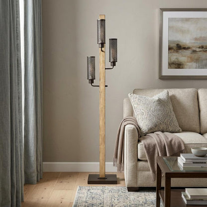 61" Brown Three Light Traditional Shaped Floor Lamp With Black Novelty Shade