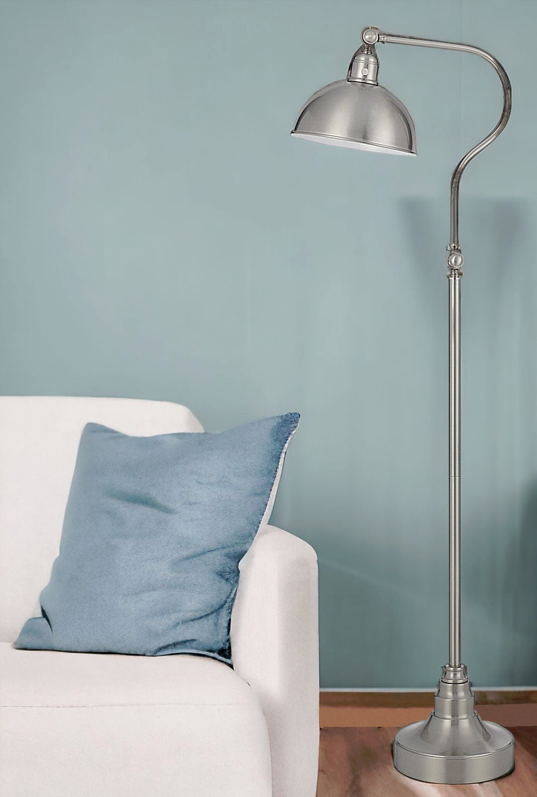 60" Nickel Traditional Shaped Floor Lamp With Nickel Dome Shade