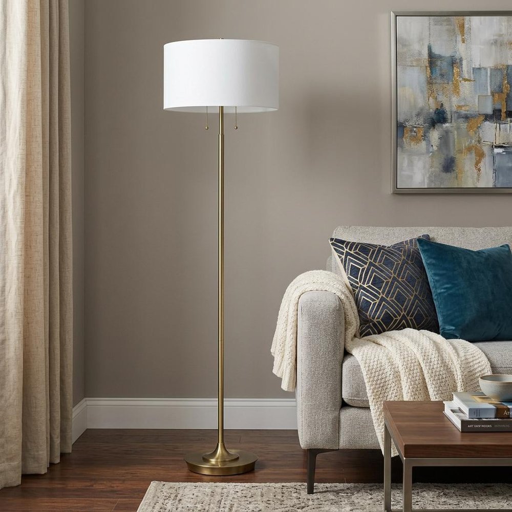 Product title: 64" Brass Two Light Traditional Shaped Floor Lamp With White Rectangular Shade