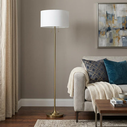 Product title: 64" Brass Two Light Traditional Shaped Floor Lamp With White Rectangular Shade