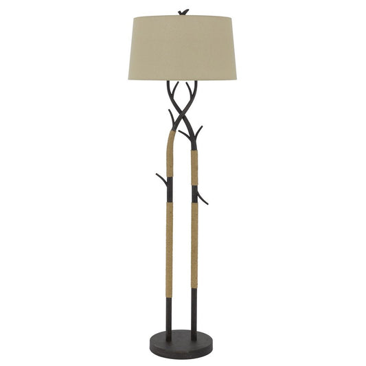 55" Black Metal And Rope Tree Branch Floor Lamp With Tan Fabric Shade